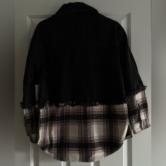 SO Oversized Mixed Media Denim & Flannel Shacket Black Cream Brown Size XS NWT - Picture 3 of 4